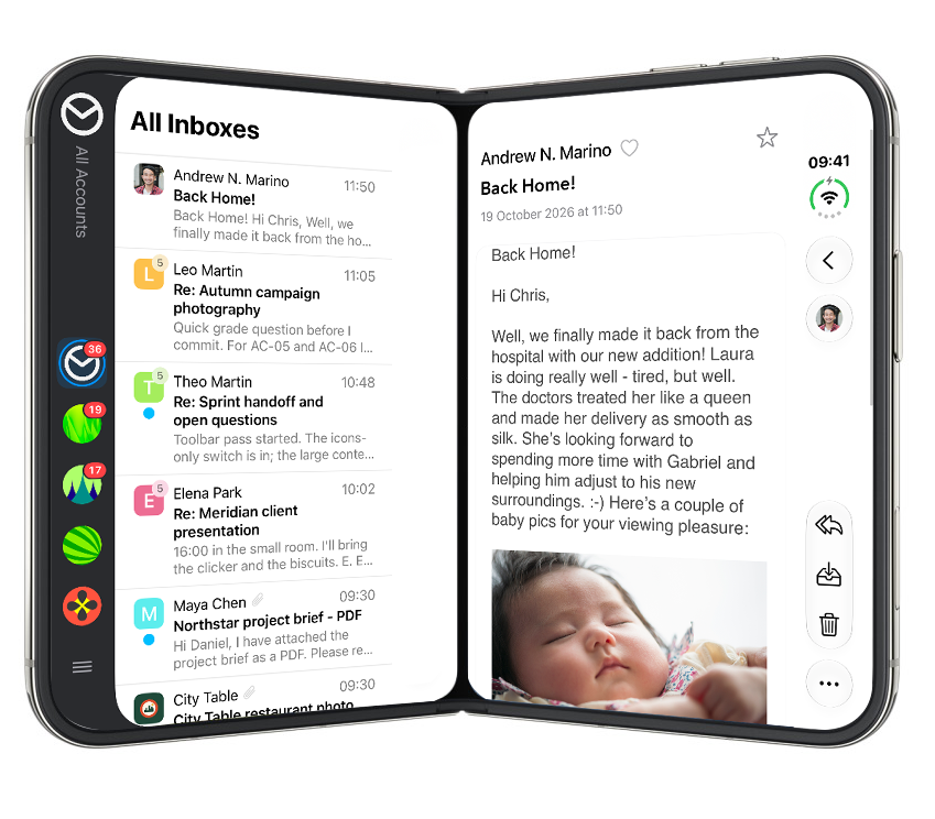 Airmail on iPhone Duo, unfolded, with the inbox and a message side by side